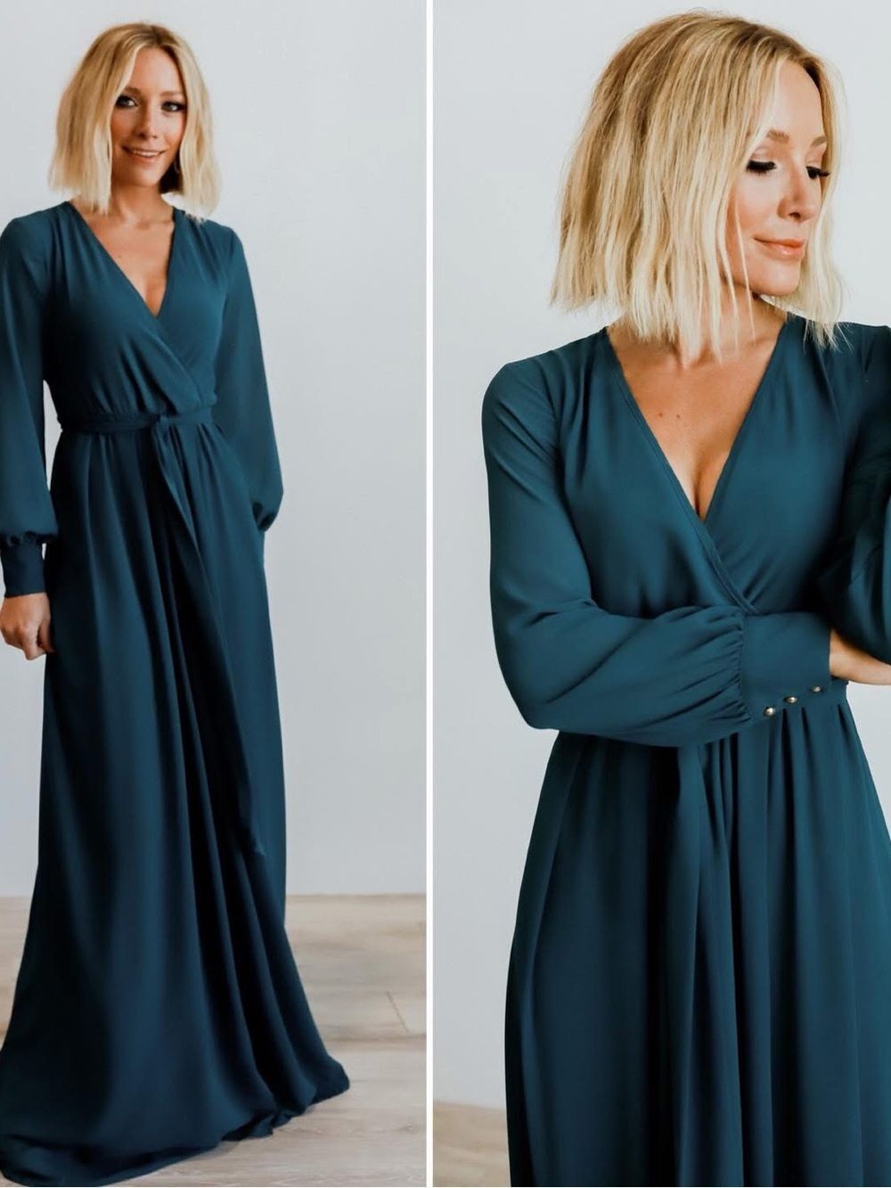 Baltic Born Lydia Maxi Dress XL Teal Blue Long Sleeve Formal Flowy V-Neck